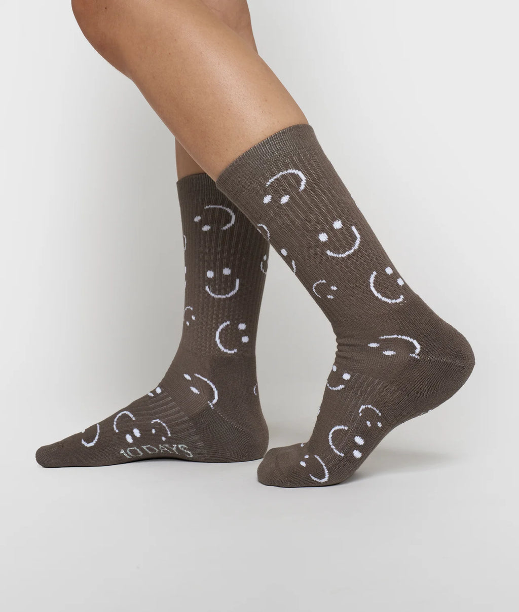 10 Days Lange Socken mit Smiley Print Braun grau
