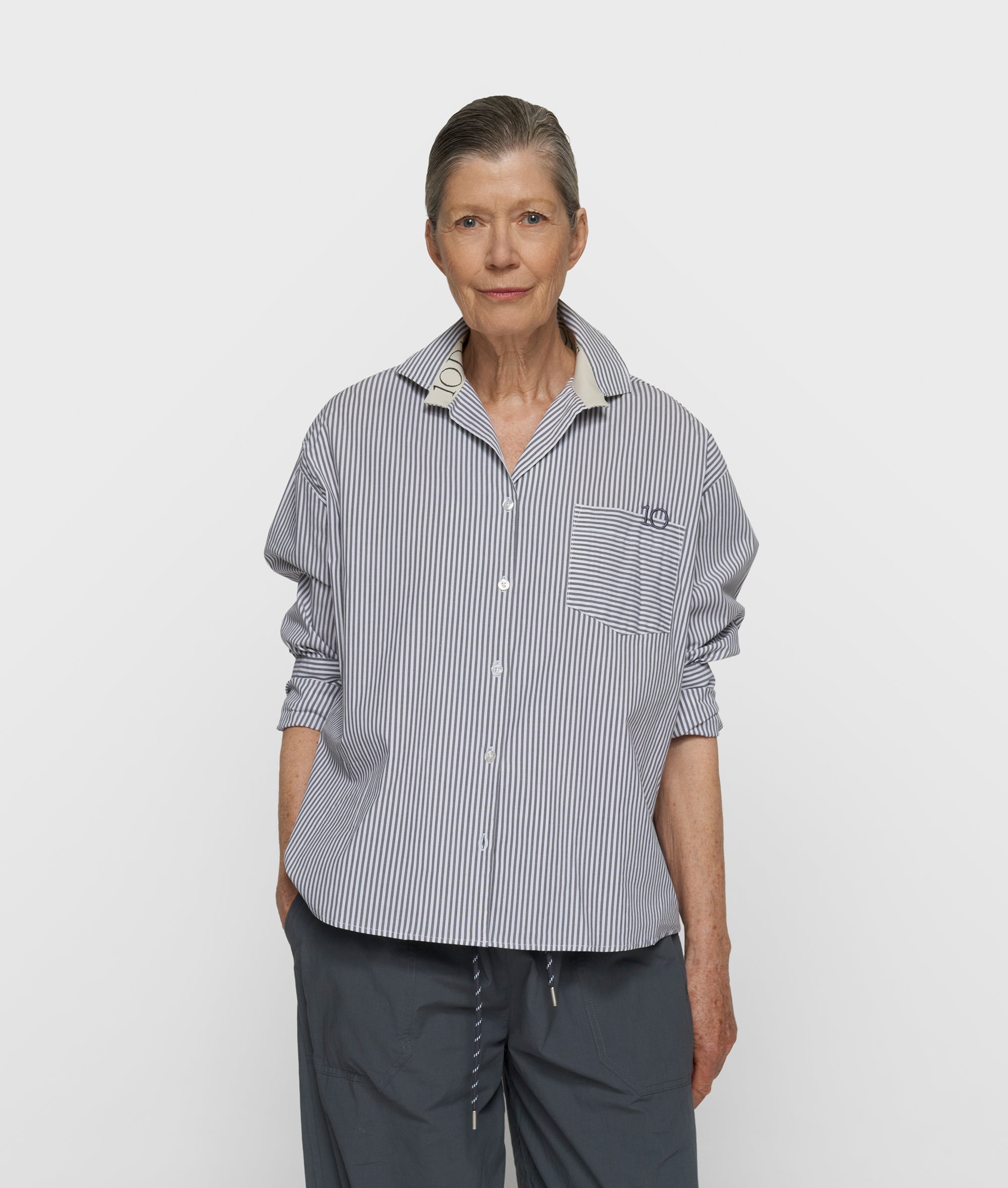 10 Days Bluse Stripes Graublau / weiß gestreift