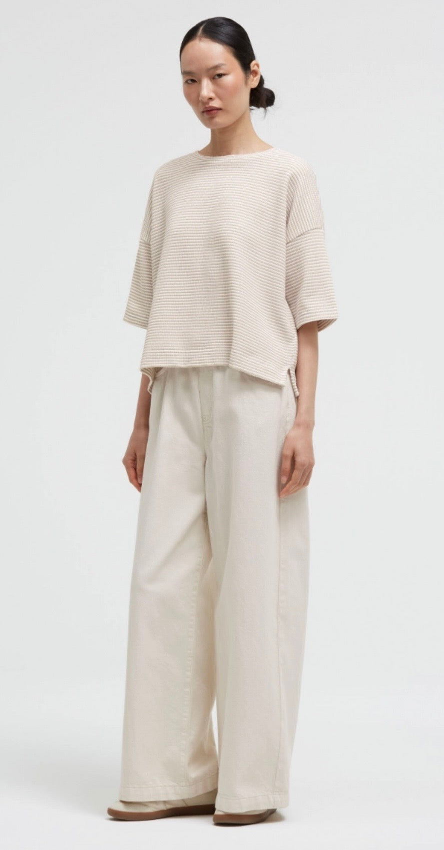 Senses The Label strukturiertes Kurzarm Sweatshirt beige gestreift