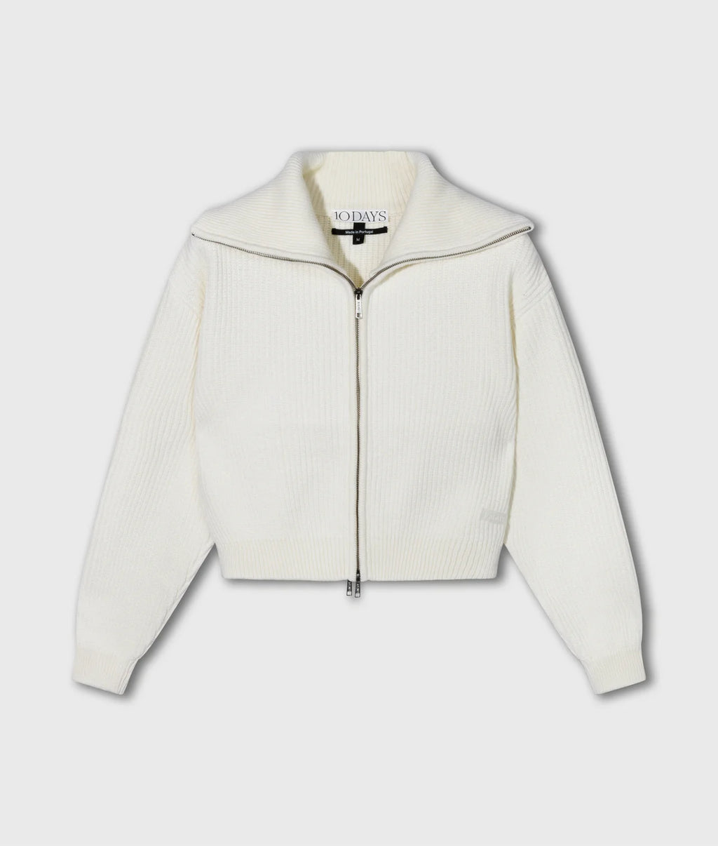 10 Days Rib Knit Zip Cardigan Ecru