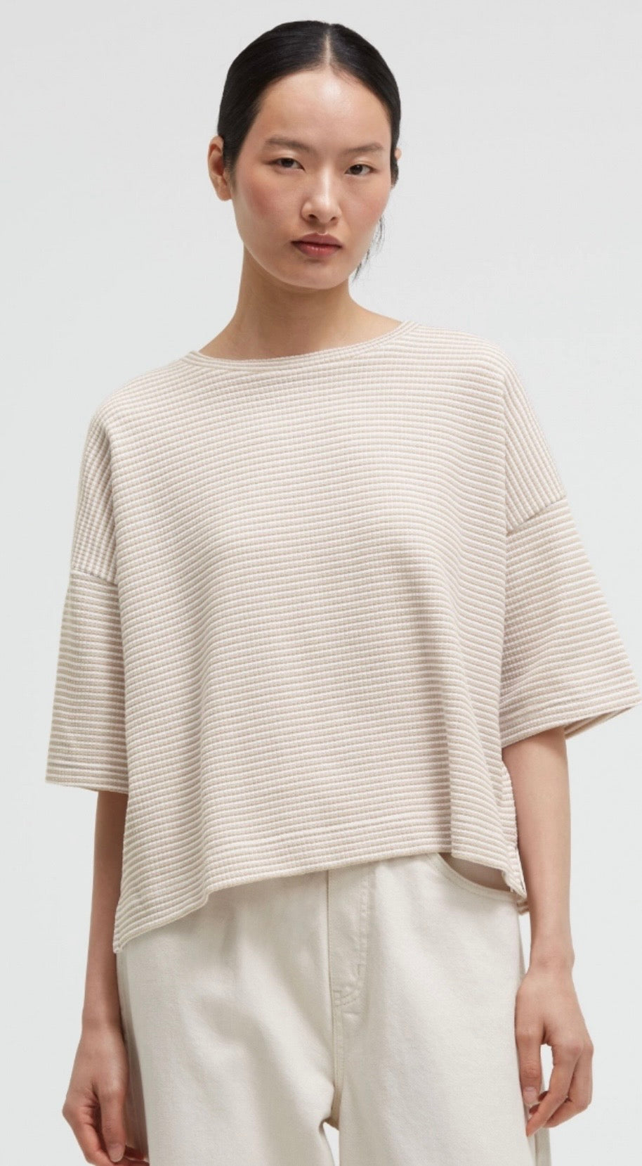 Senses The Label strukturiertes Kurzarm Sweatshirt beige gestreift