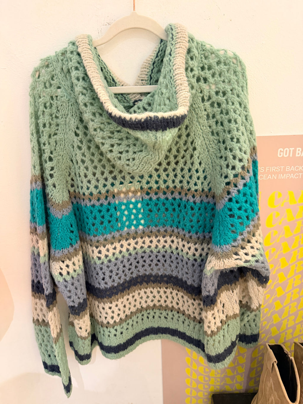 Liv Bergen Hoodie Crochet Wool Pullover Green Stripe