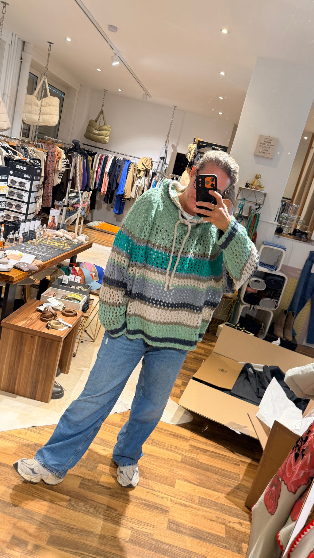 Liv Bergen Hoodie Crochet Wool Pullover Green Stripe