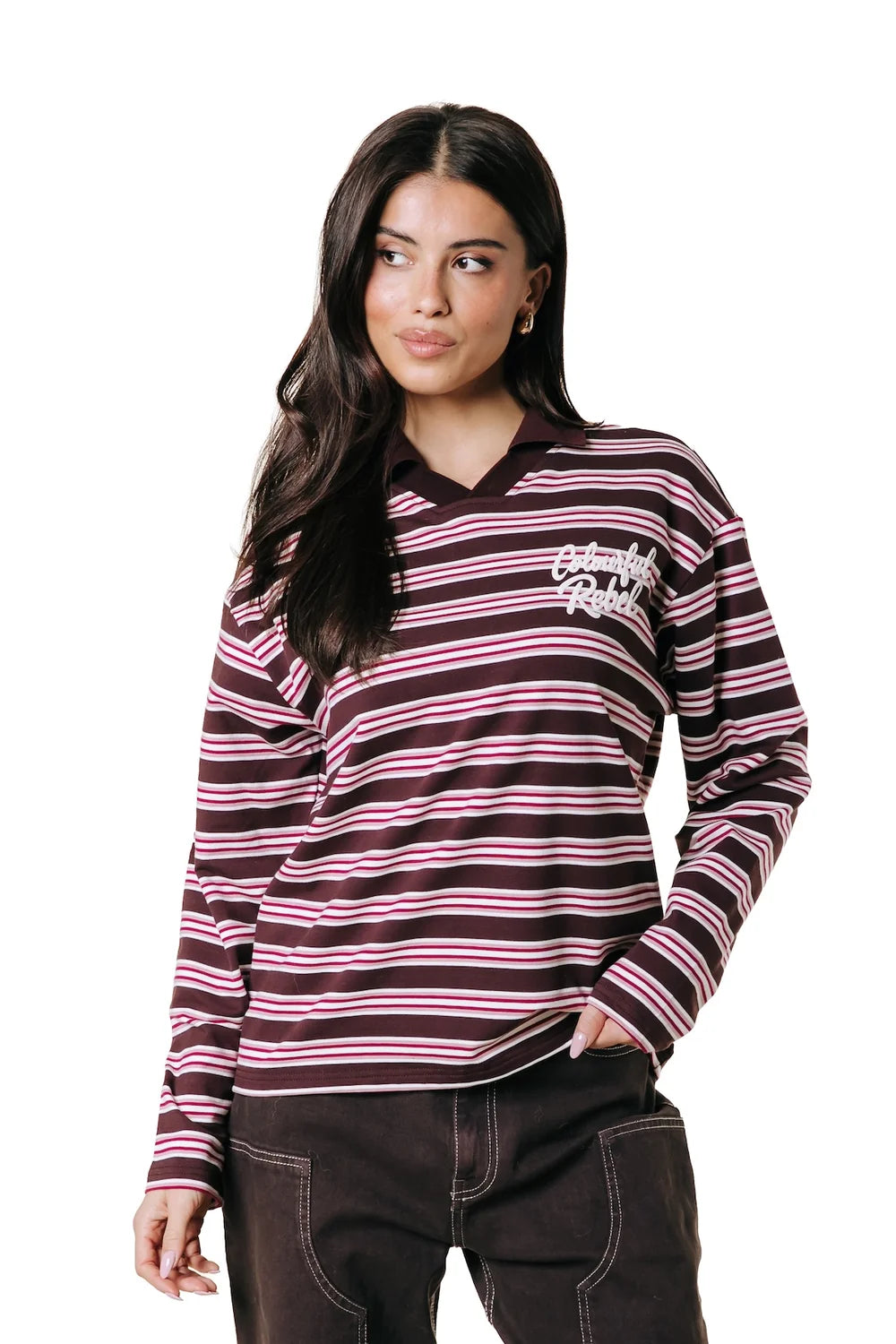 Colourful Rebel Sport Collar Longsleeve Shirt mit Polokragen braun