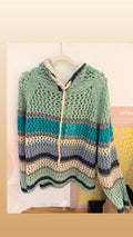 Liv Bergen Hoodie Crochet Wool Pullover Green Stripe
