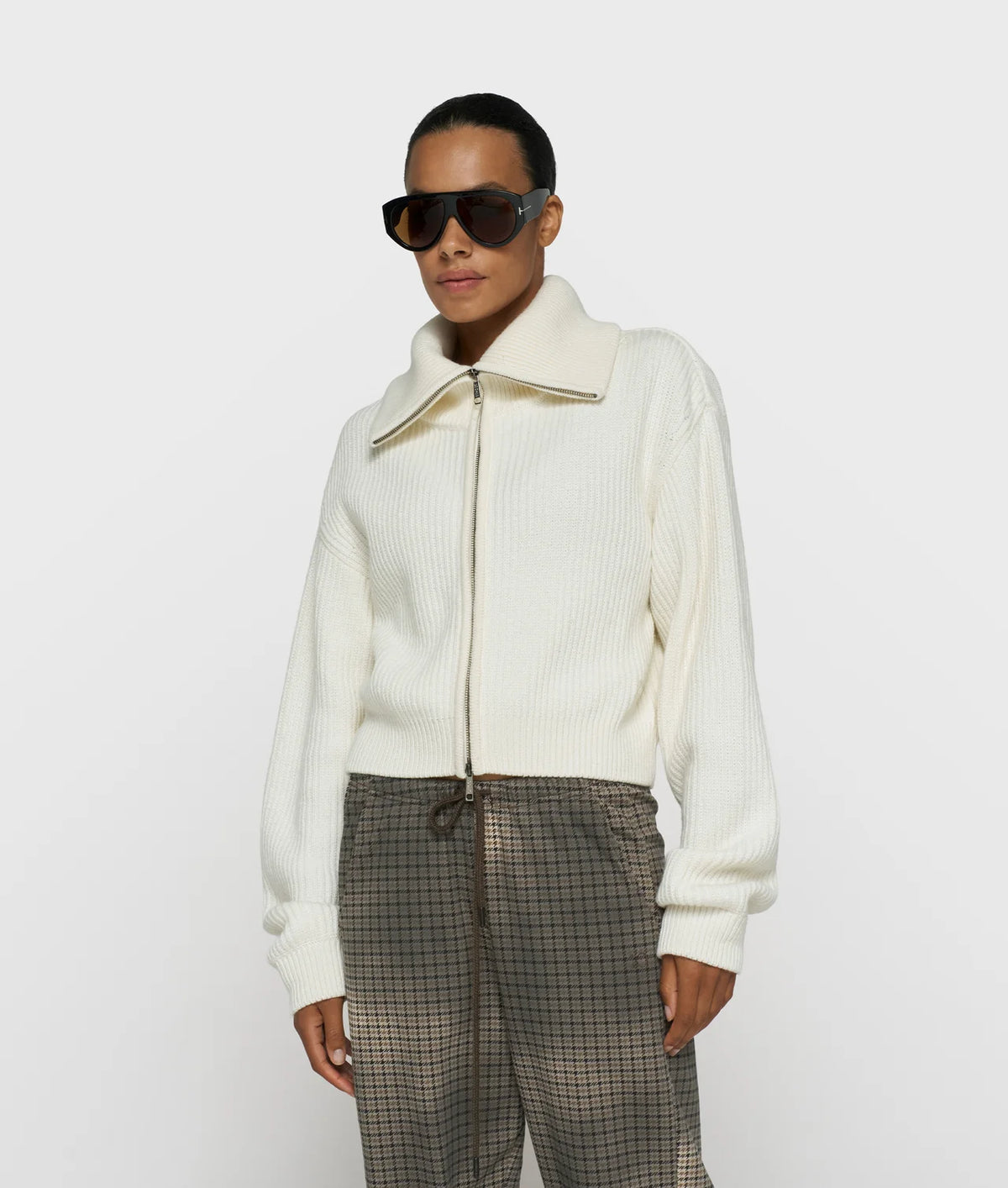 10 Days Rib Knit Zip Cardigan Ecru