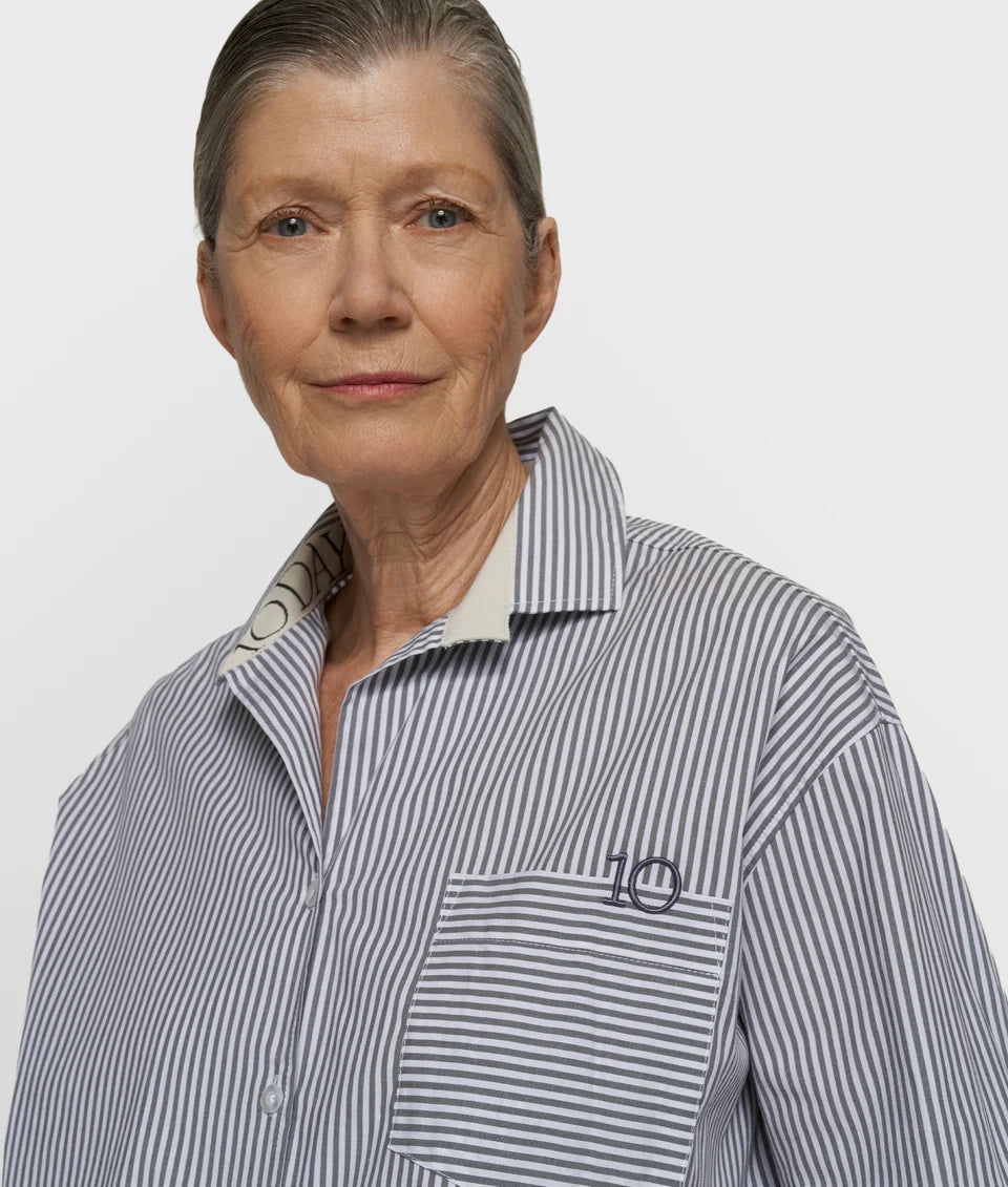 10 Days Bluse Stripes Graublau / weiß gestreift