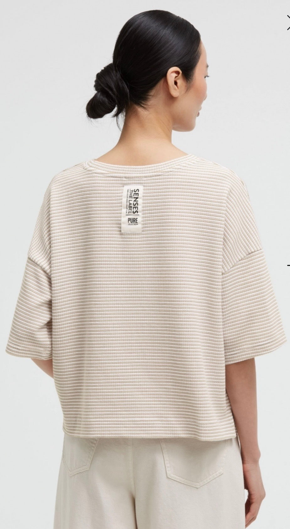 Senses The Label strukturiertes Kurzarm Sweatshirt beige gestreift