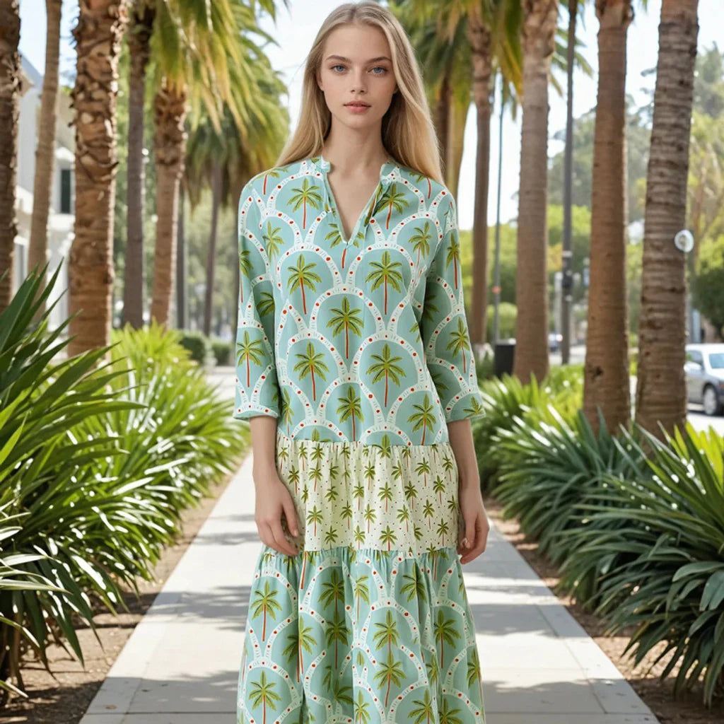 SOUL KATHRINE Bloom Green Palm Kleid Baumwolle